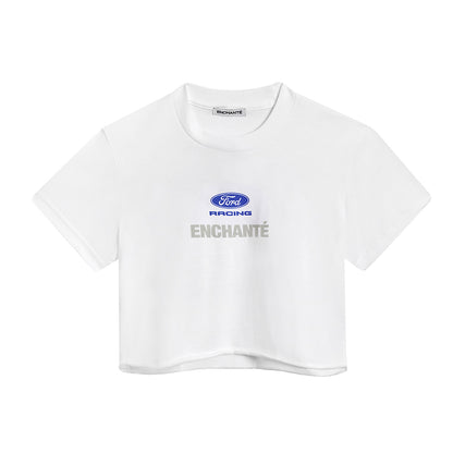 white crop top with Ford racing enchante text 