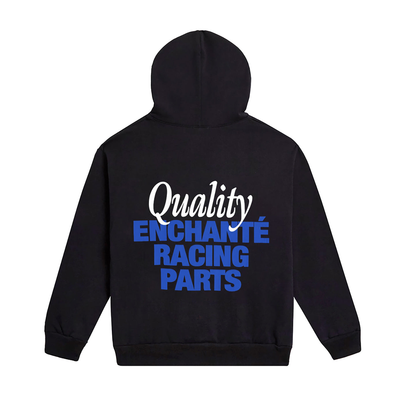 Black hoodie with quality enchante racing parts in white and blue text