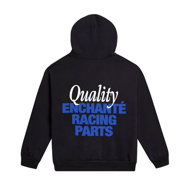 Black hoodie with quality enchante racing parts in white and blue text