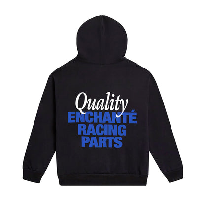 Black hoodie with quality enchante racing parts in white and blue text
