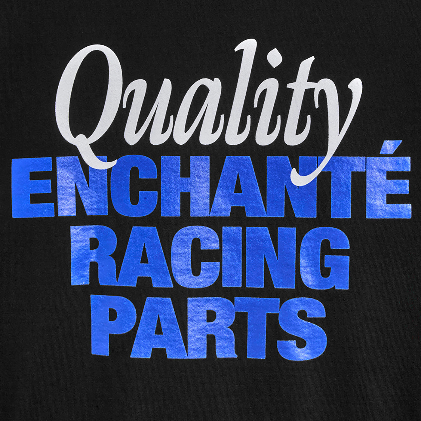 Quality enchante racing parts white and blue text on black background