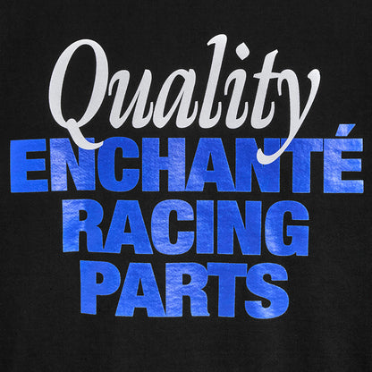 Quality enchante racing parts white and blue text on black background