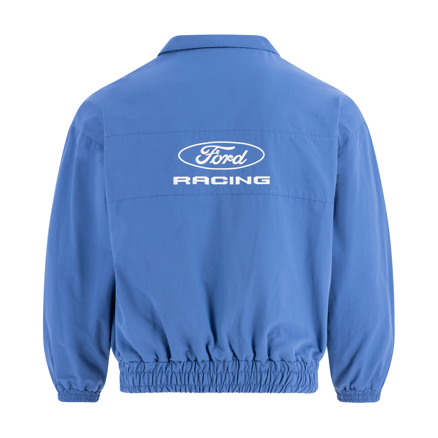 Blue jacket with Ford Racing logo on the back against a white background