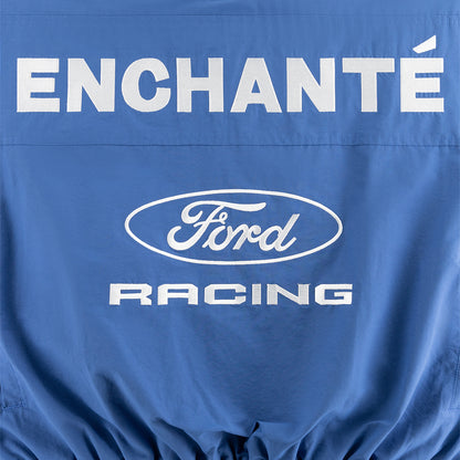 Blue jacket with 'Enchante' and Ford Racing logos on a blue background