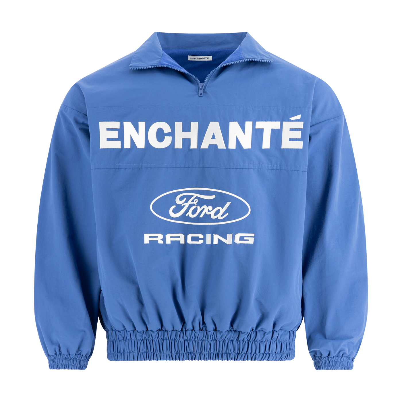 Blue jacket with 'Enchanté Ford Racing' text on a white background