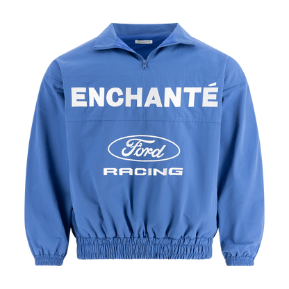 Blue jacket with 'Enchanté Ford Racing' text on a white background