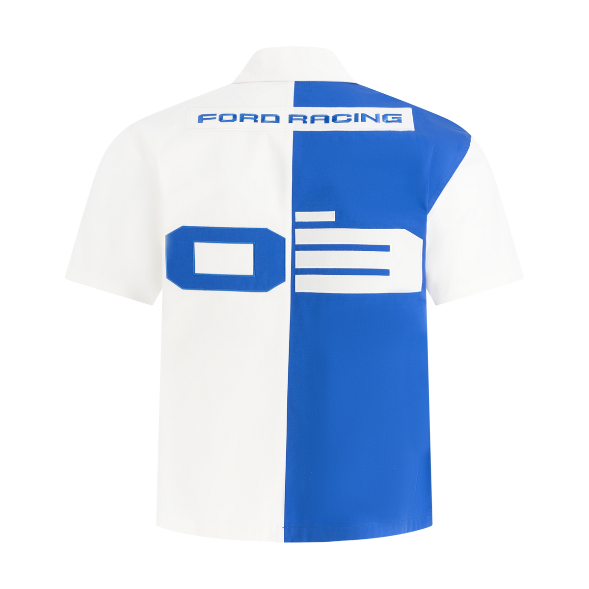 White and blue polo shirt with 'Ford Racing' branding on a white background