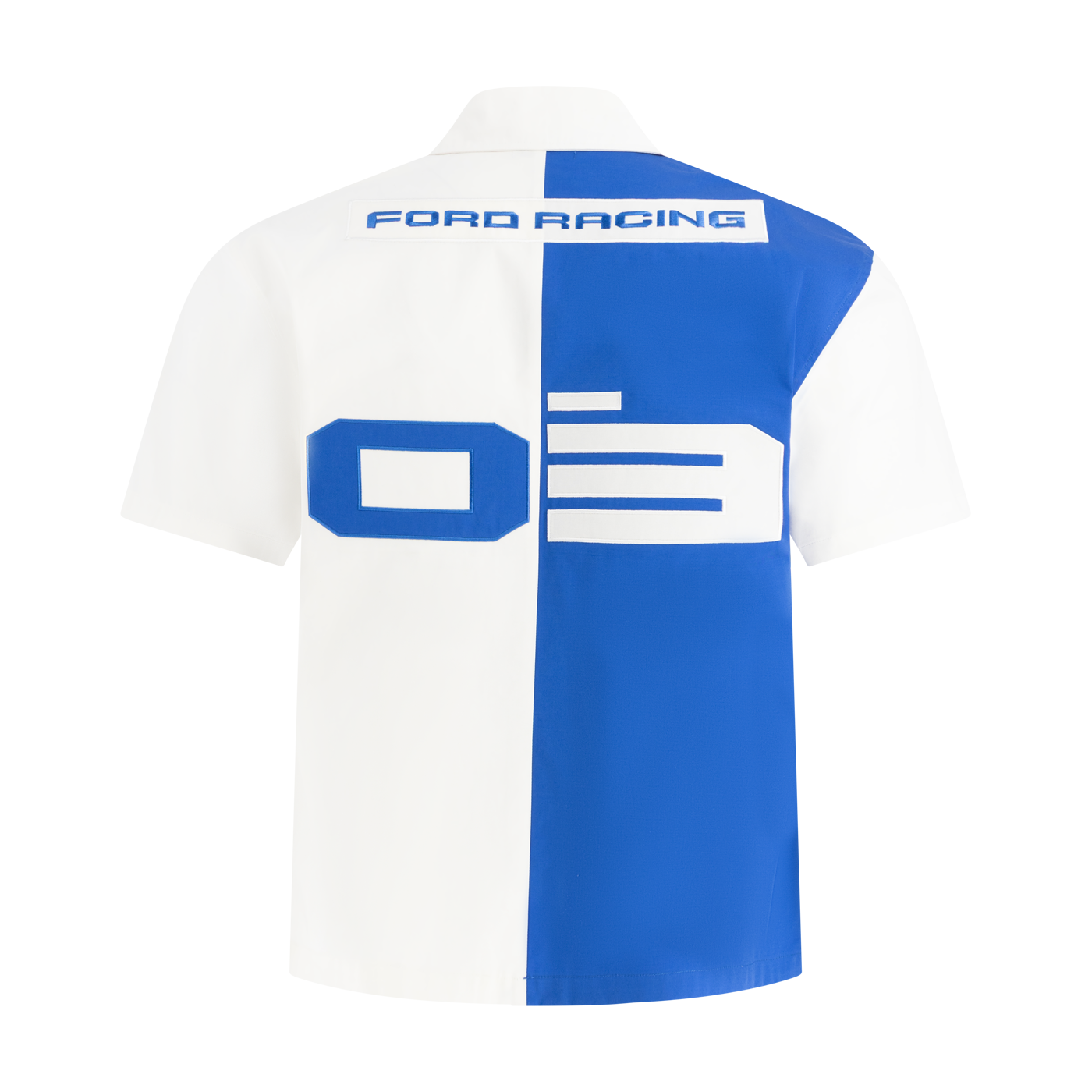 White and blue polo shirt with 'Ford Racing' branding on a white background