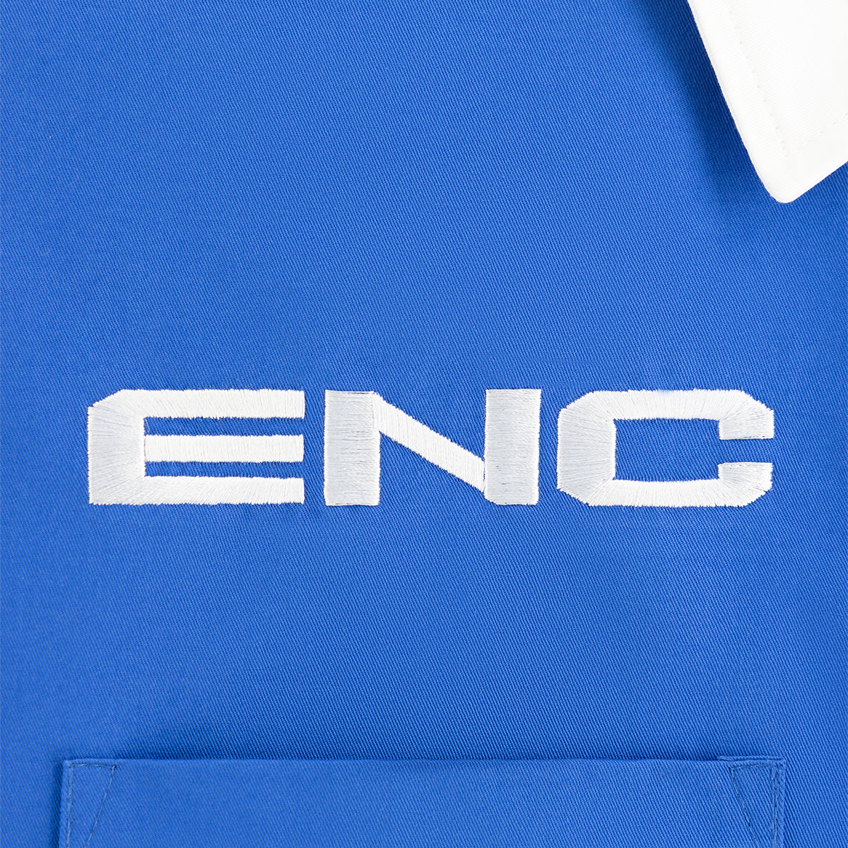 Blue mechanic's shirt with 'ENC' logo on a blue background