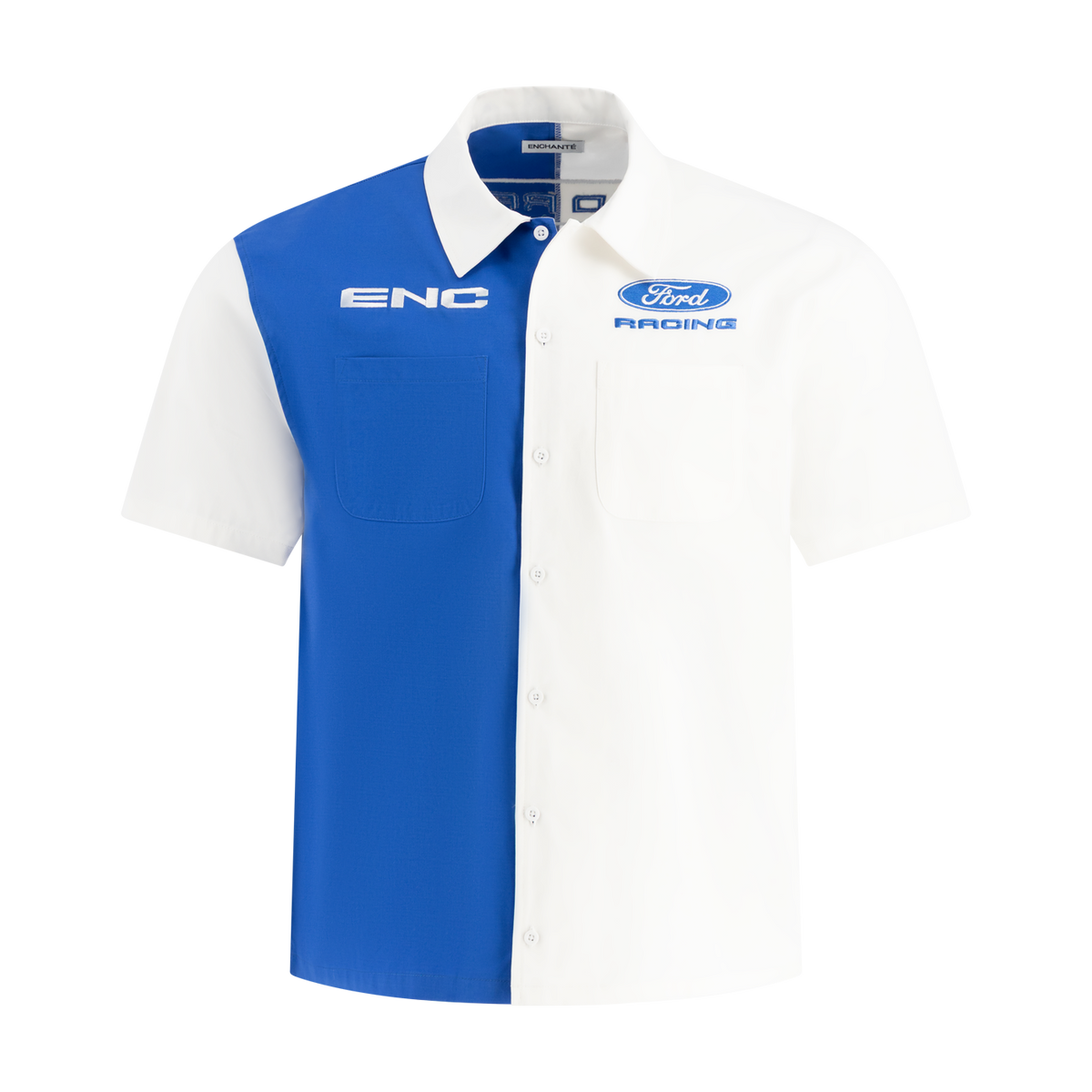 Blue and white polo shirt with ENC and Ford Racing logos on a white background