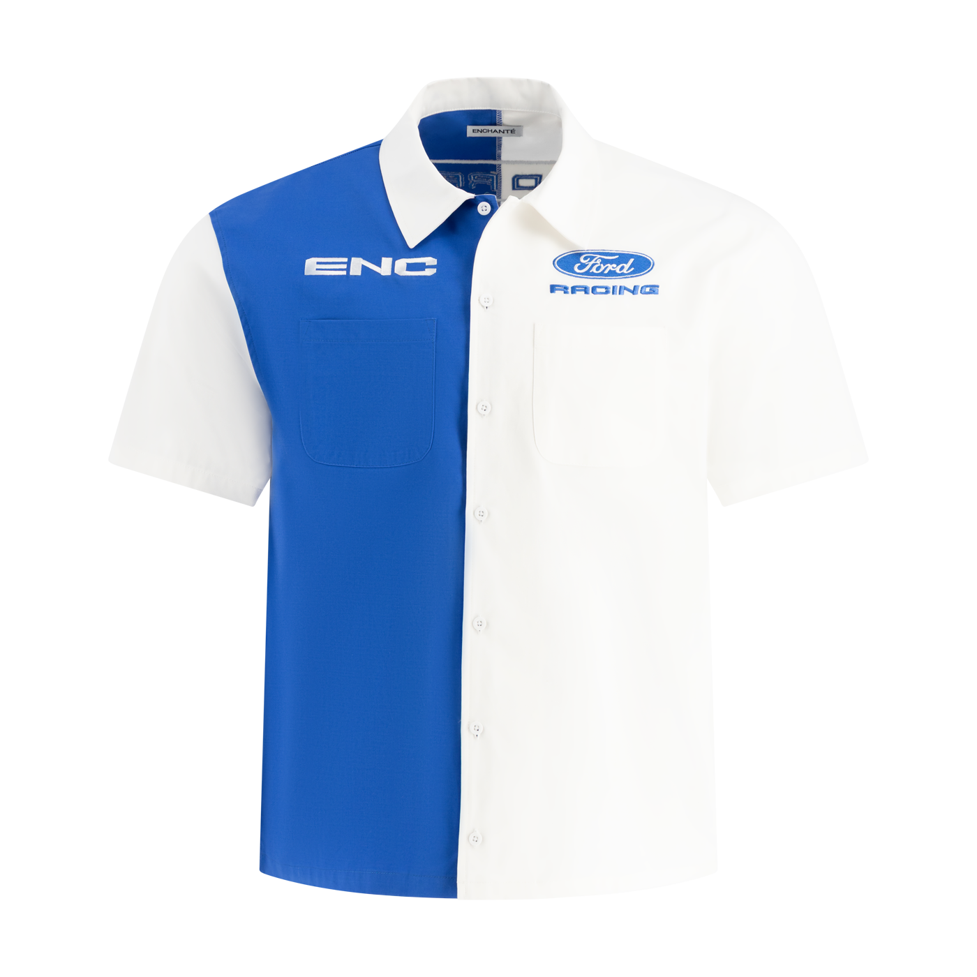 Blue and white polo shirt with ENC and Ford Racing logos on a white background