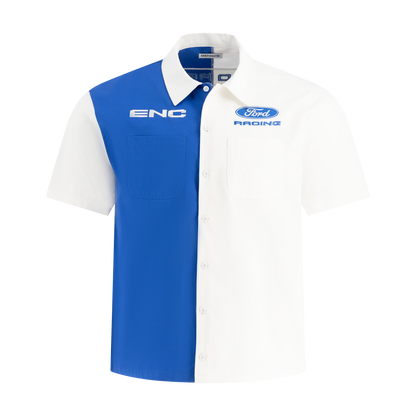 Blue and white polo shirt with ENC and Ford Racing logos on a white background