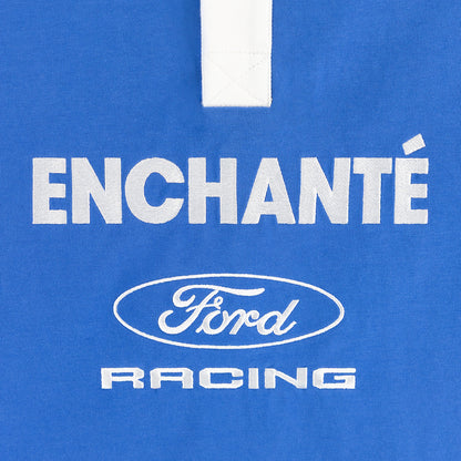 Blue shirt with 'Enchante' and Ford Racing logos on a blue background