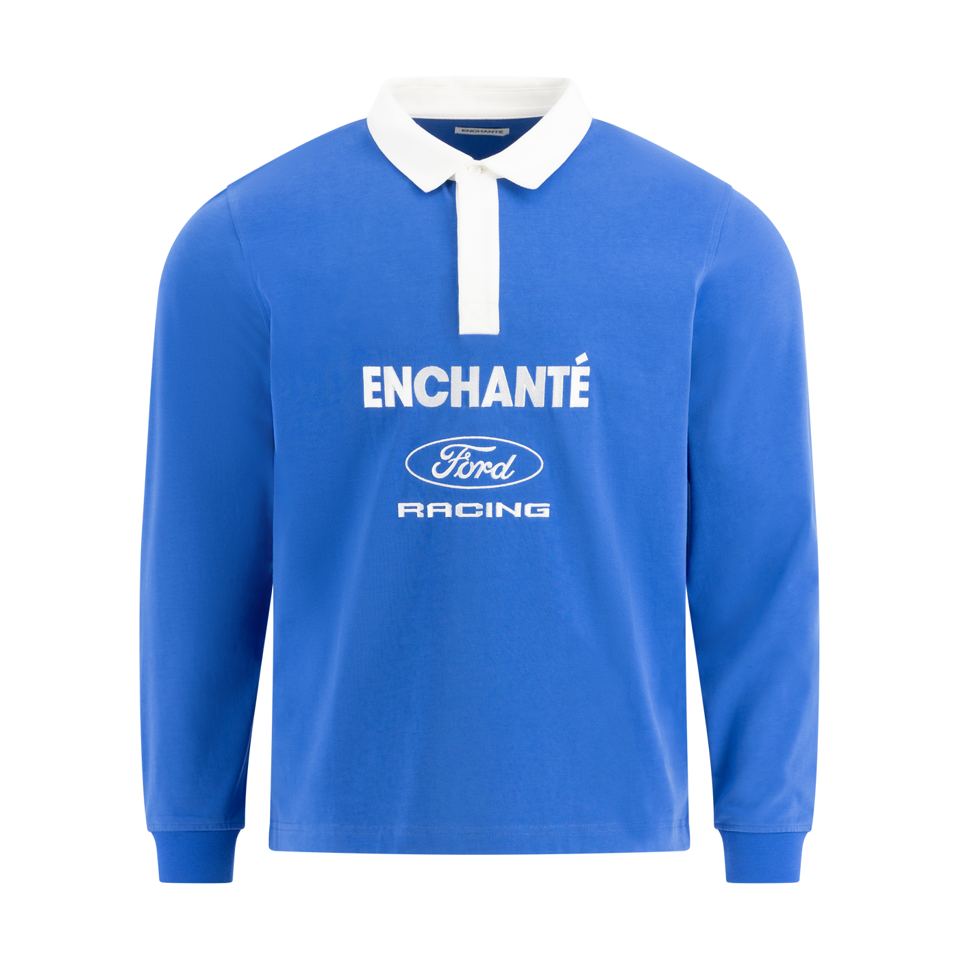 Blue long-sleeve rugby shirt with 'Enchante Ford Racing' text on a white background