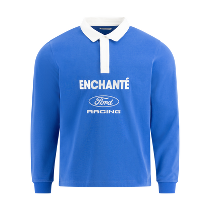 Blue long-sleeve rugby shirt with 'Enchante Ford Racing' text on a white background