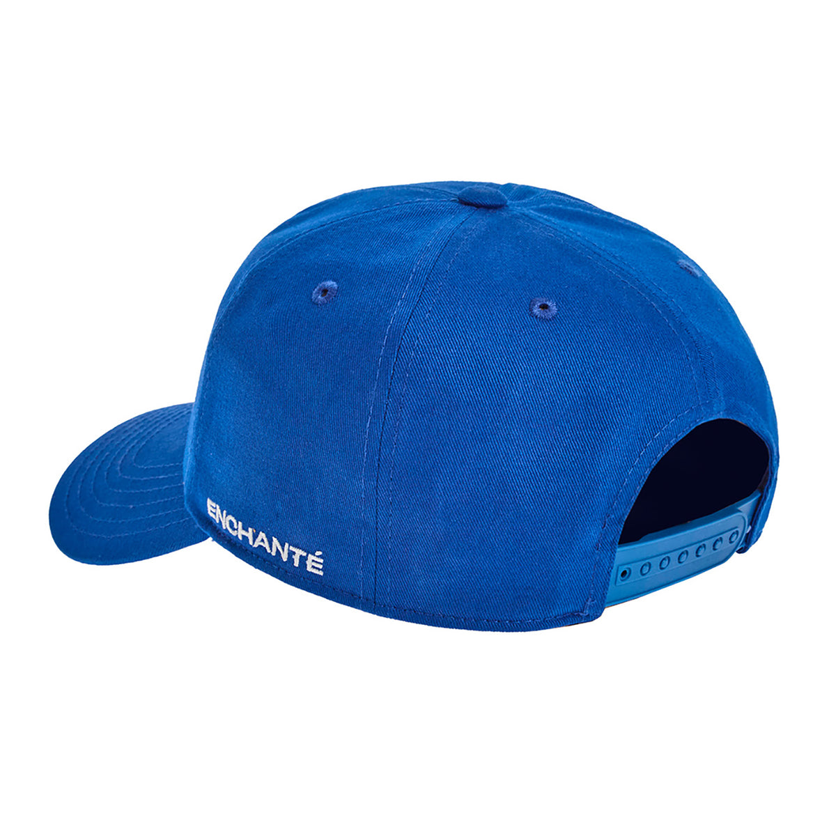 Blue snapback hat with enchante on the side in white text