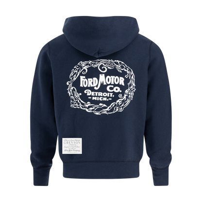VINTAGE Ford Motor co detroit mich logo o a navy blue hoodie