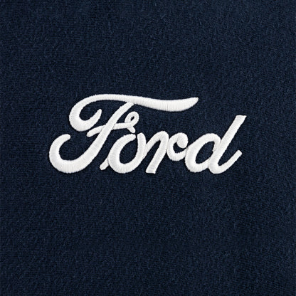 white ford script on a navy blue background