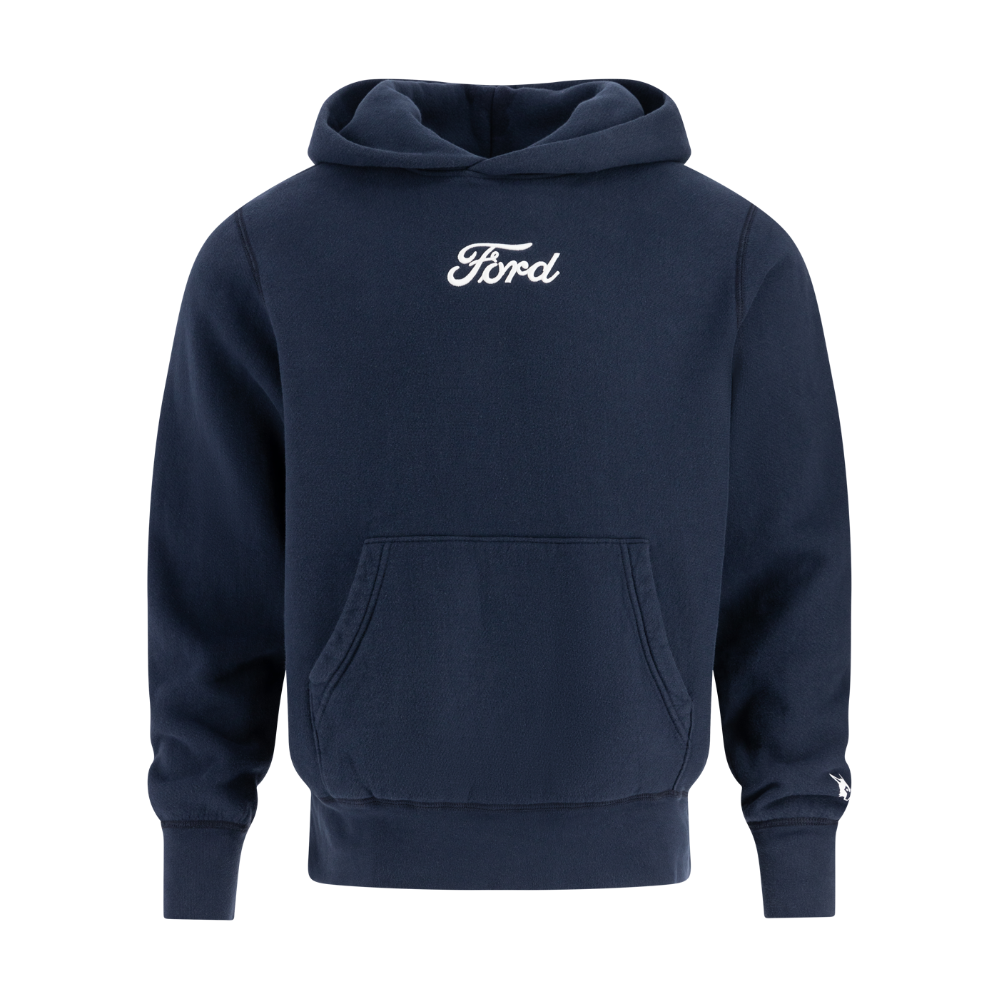 white ford script on a navy blue hoodie