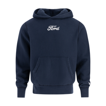 white ford script on a navy blue hoodie