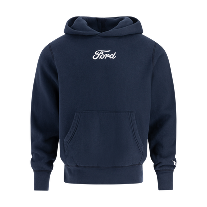 white ford script on a navy blue hoodie