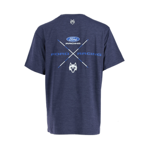 Ford racing x greyson wolf graphic on back of navy blue short sleeve shirt
