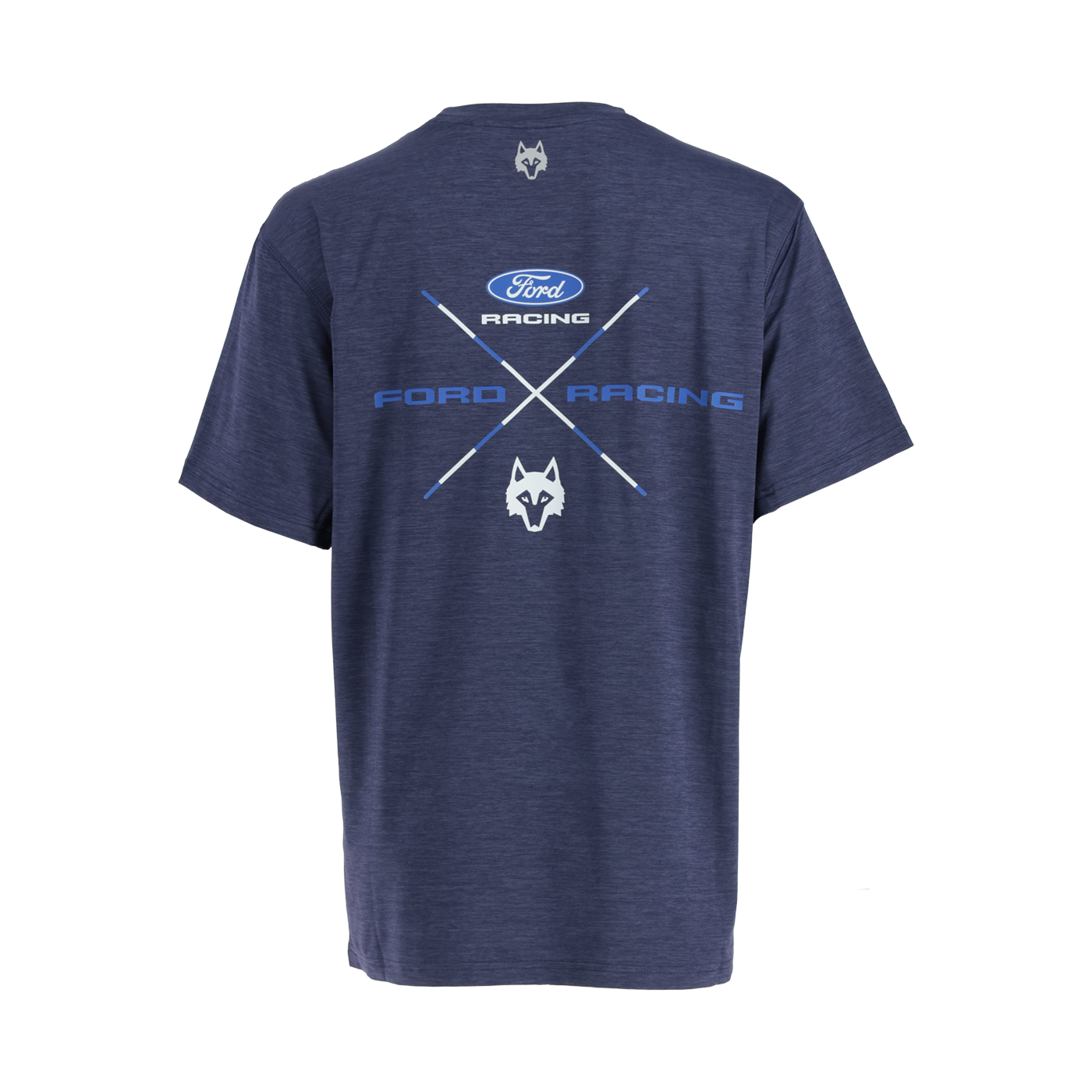Ford racing x greyson wolf graphic on back of navy blue short sleeve shirt