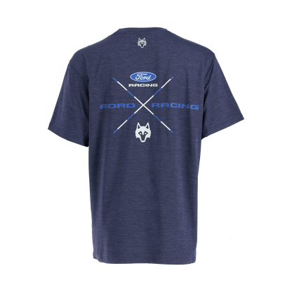 Ford racing x greyson wolf graphic on back of navy blue short sleeve shirt