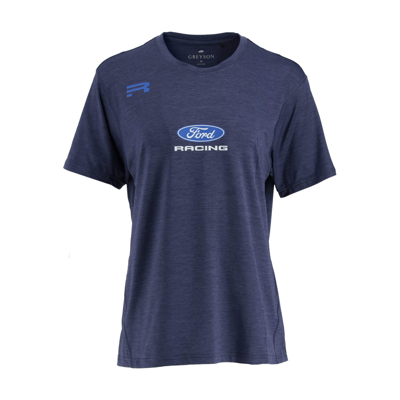 navy blue shirt Greyson short sleeve shirt with Ford racing logo 