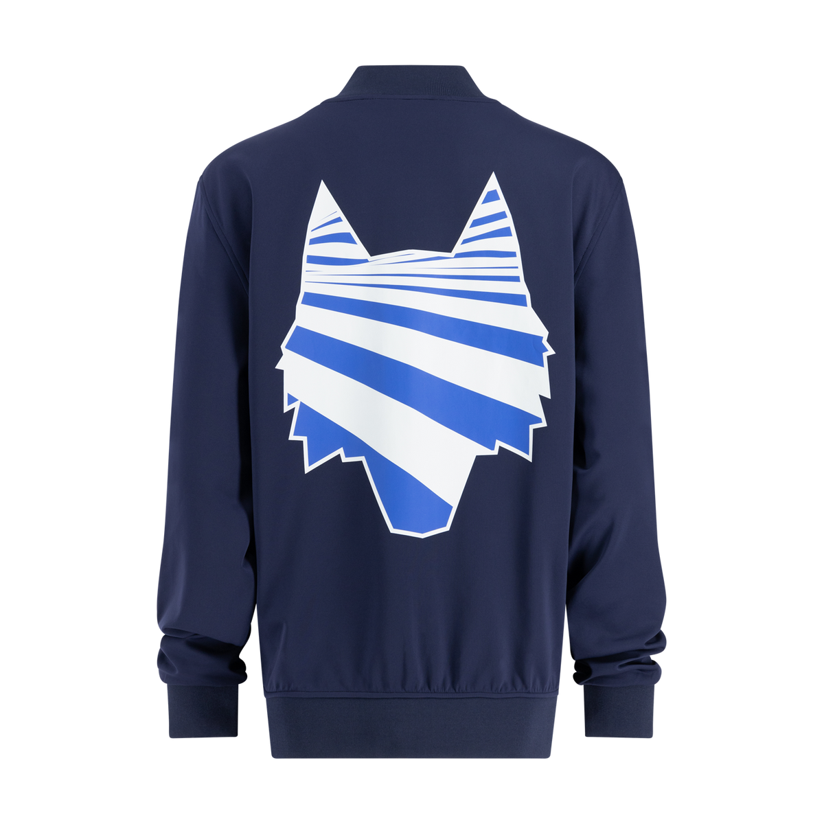 navy blue jacket with grayson clothiers white and blue graphic