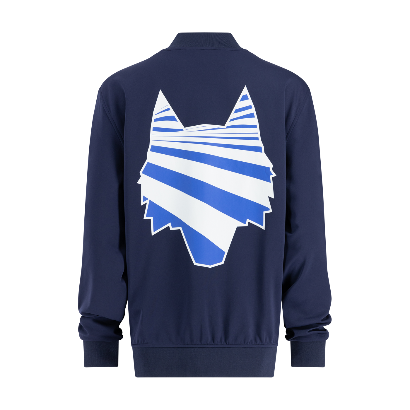 navy blue jacket with grayson clothiers white and blue graphic