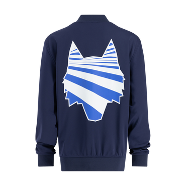 navy blue jacket with grayson clothiers white and blue graphic