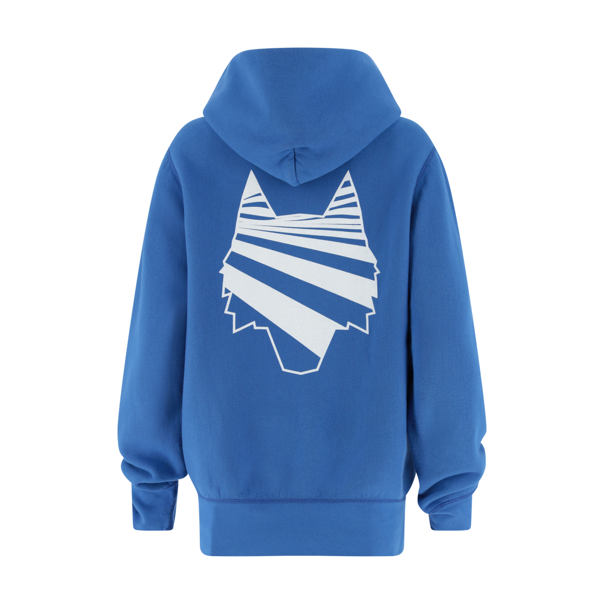 Blue hoodie with a white abstract design on the back against a white background