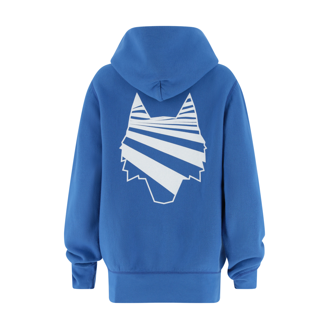 Blue hoodie with a white abstract design on the back against a white background