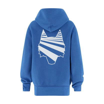 Blue hoodie with a white abstract design on the back against a white background