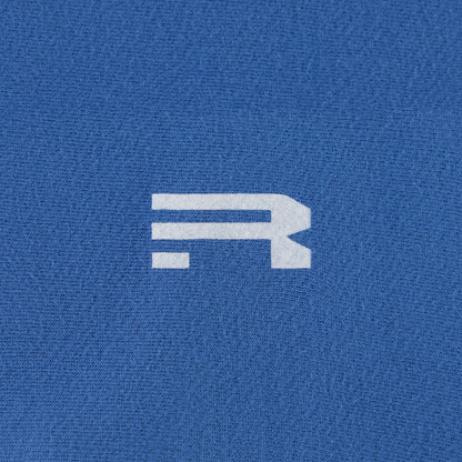White logo on a blue textured background