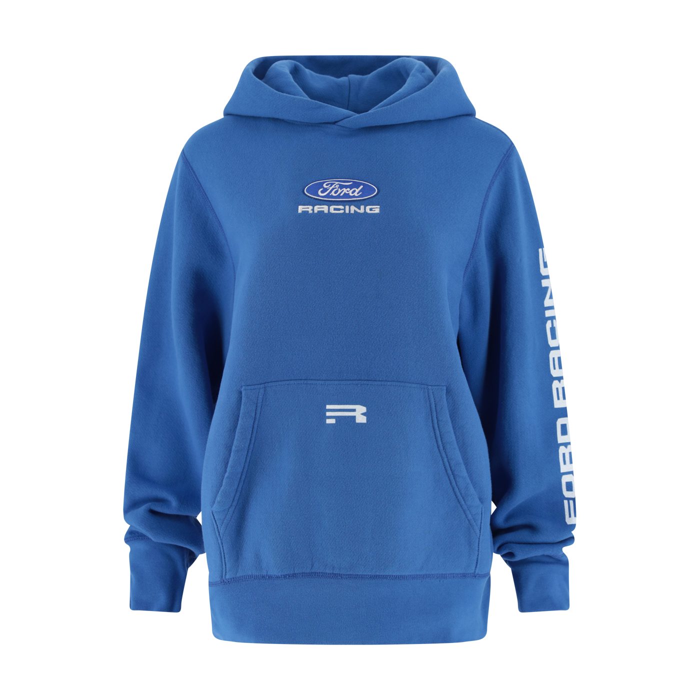 Blue hoodie with Ford Racing logo on a white background