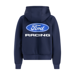 Ford racing graphic on back of navy blue hoodie