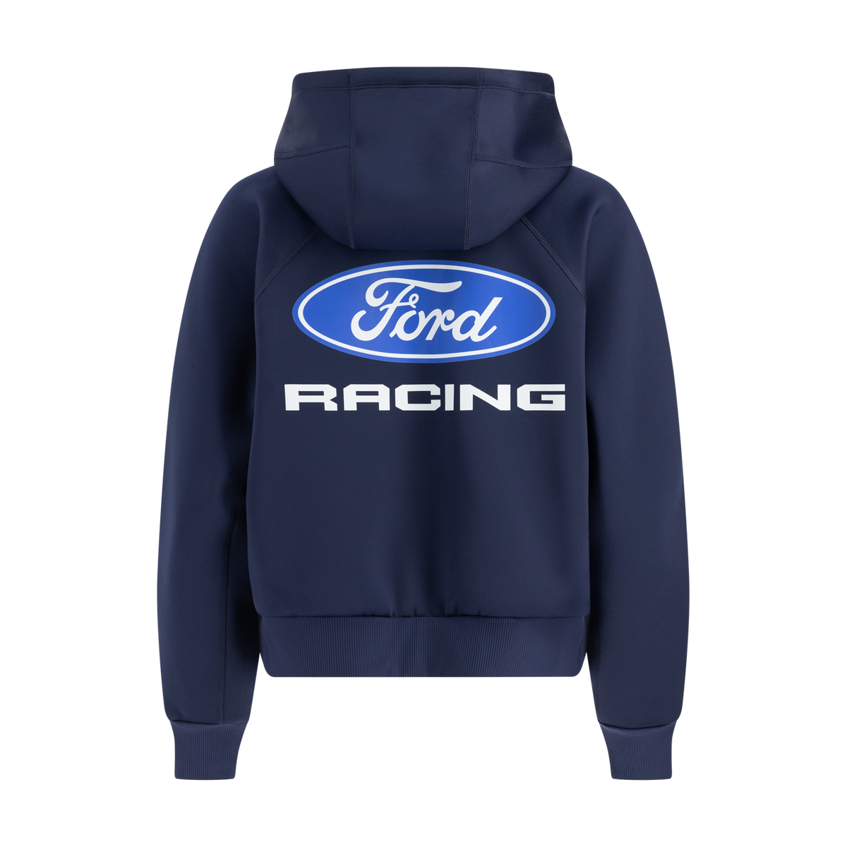 Ford racing graphic on back of navy blue hoodie