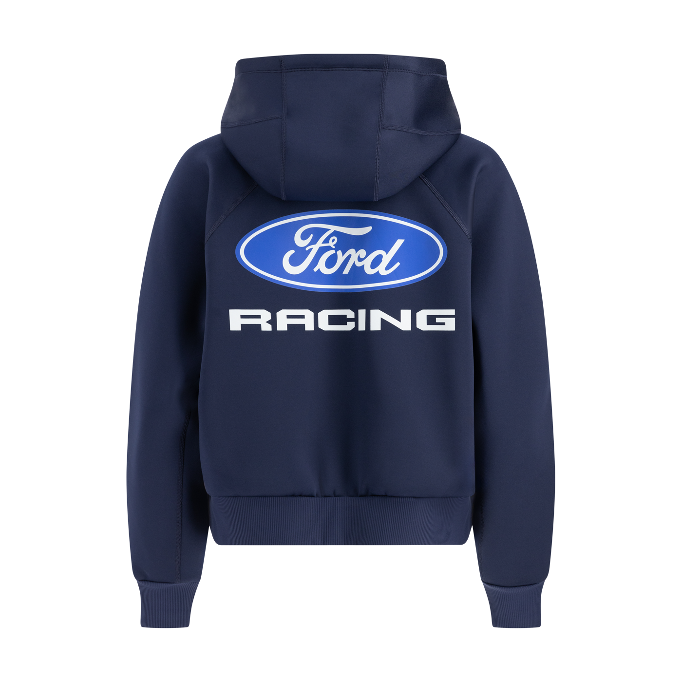 Ford racing graphic on back of navy blue hoodie
