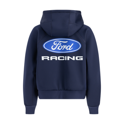 Ford racing graphic on back of navy blue hoodie