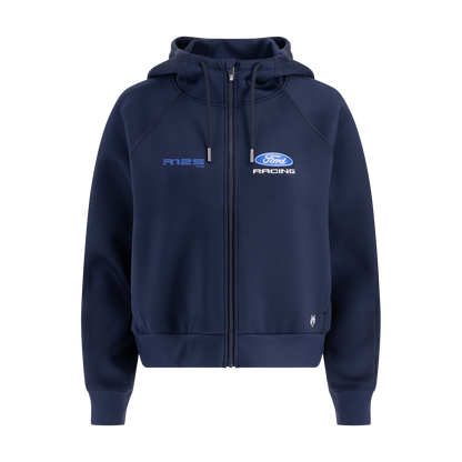 navy blue zip up hoodie with ford racing logos