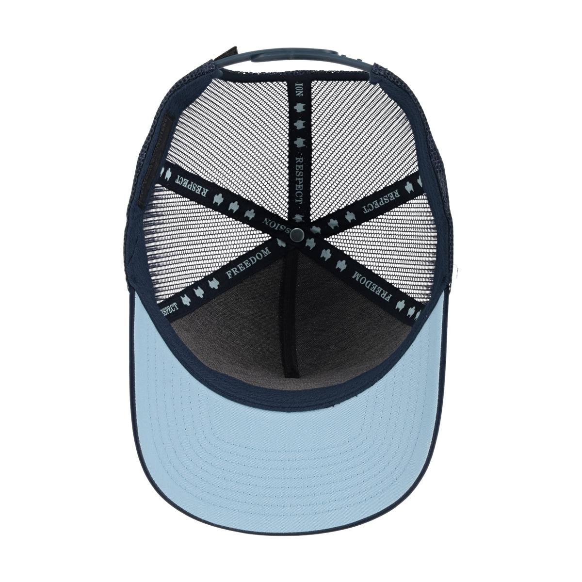 underside of a snapback hat with light blue rim