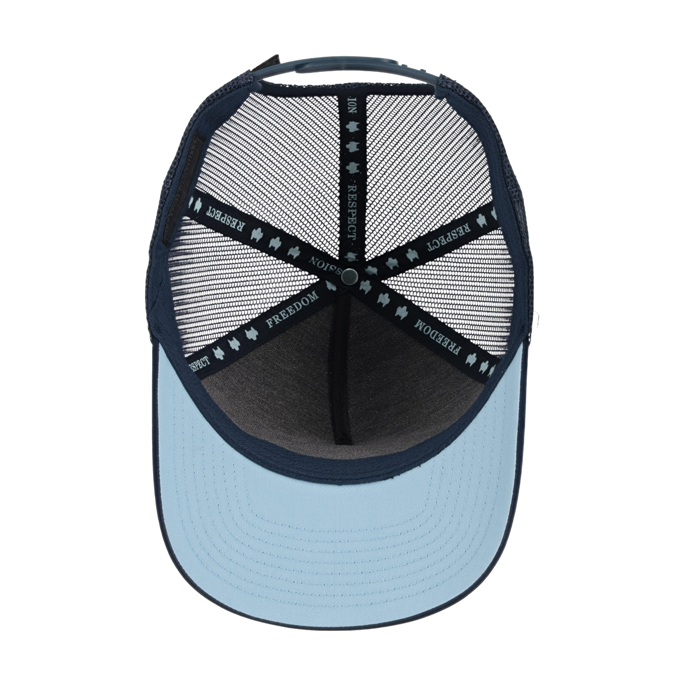 underside of a snapback hat with light blue rim