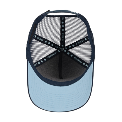 underside of a snapback hat with light blue rim