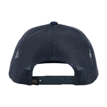 back of navy blue mesh snapback hat 