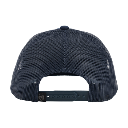 back of navy blue mesh snapback hat 