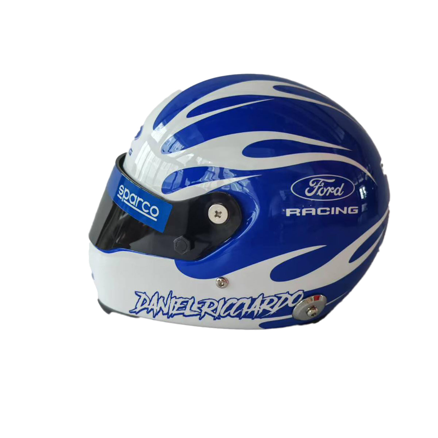 Blue and white racing helmet with Ford and Sparco branding on a white background