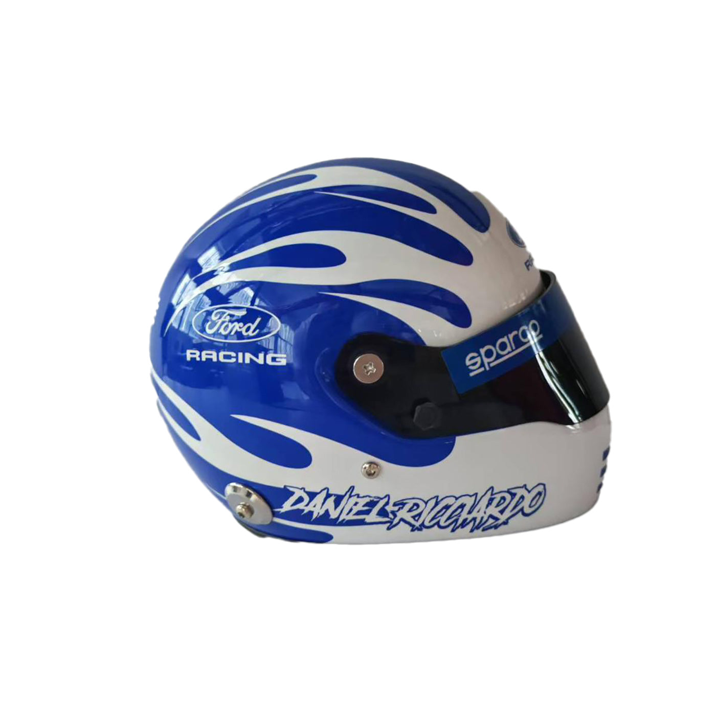 Blue and white racing helmet with Ford and Sparco branding on a white background