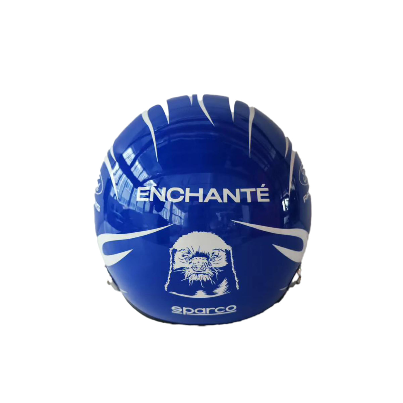 Blue helmet with 'Enchante' and 'Sparco' branding on a white background